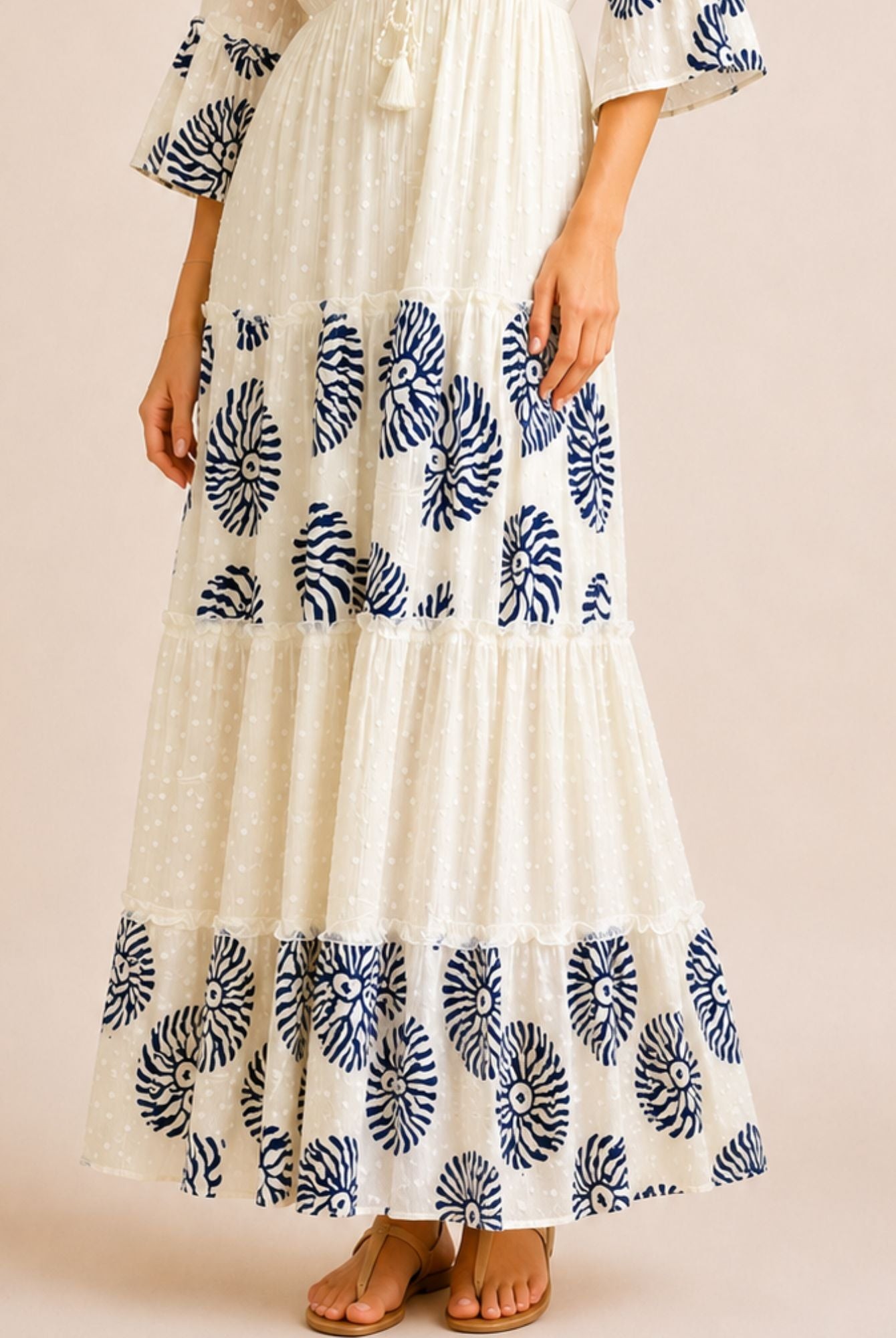 Women's White Embroidered Tassel Tiered Maxi Dress – Navy Print view 4