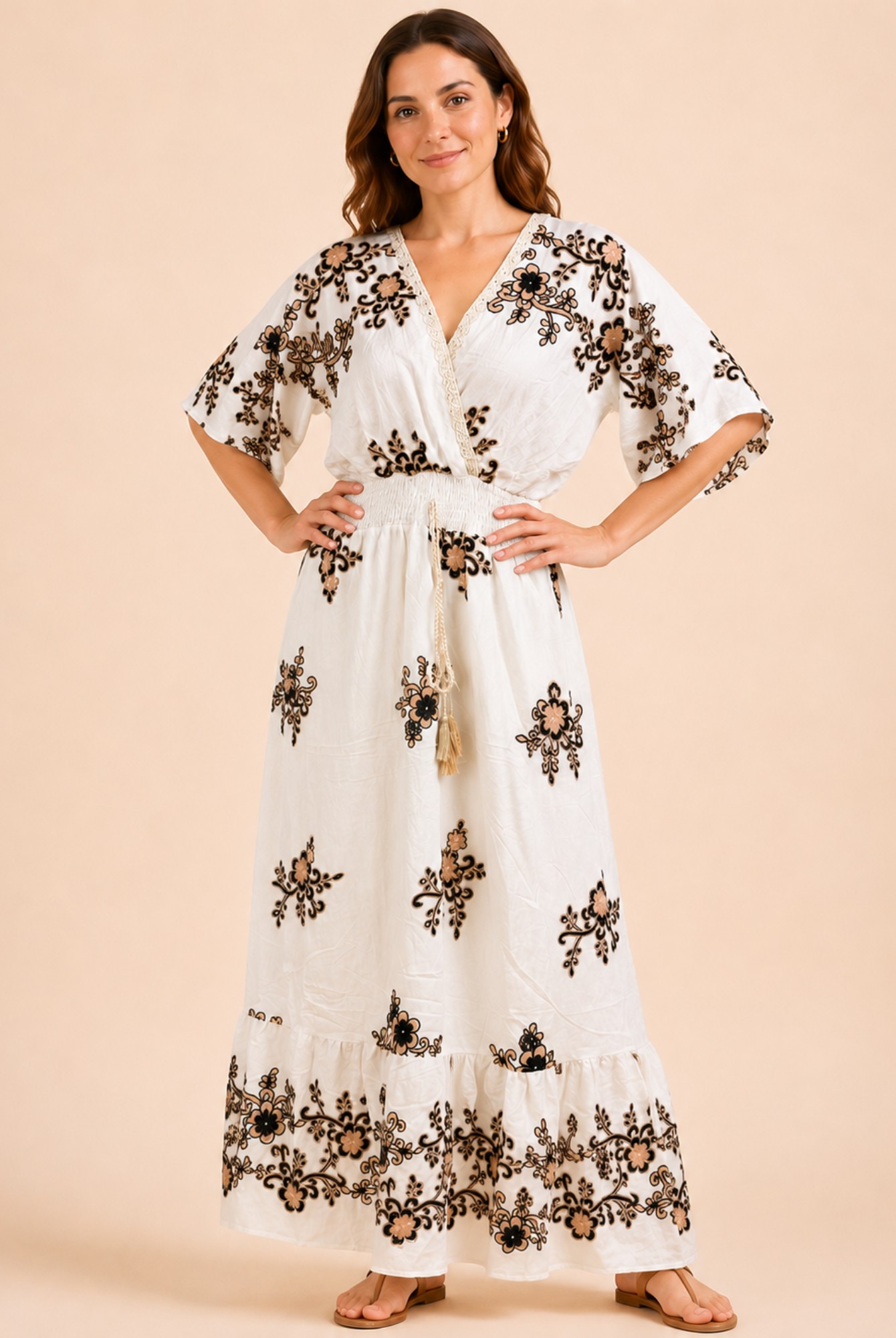 Women's White Floral Embroidered Wrap Maxi Dress – Black & Beige Embroidery view 4