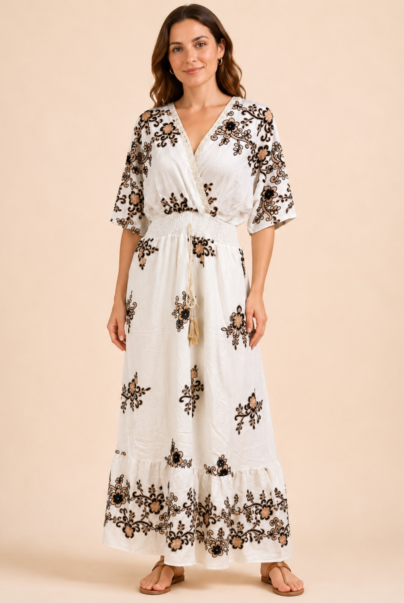 Women's White Floral Embroidered Wrap Maxi Dress – Black & Beige Embroidery
