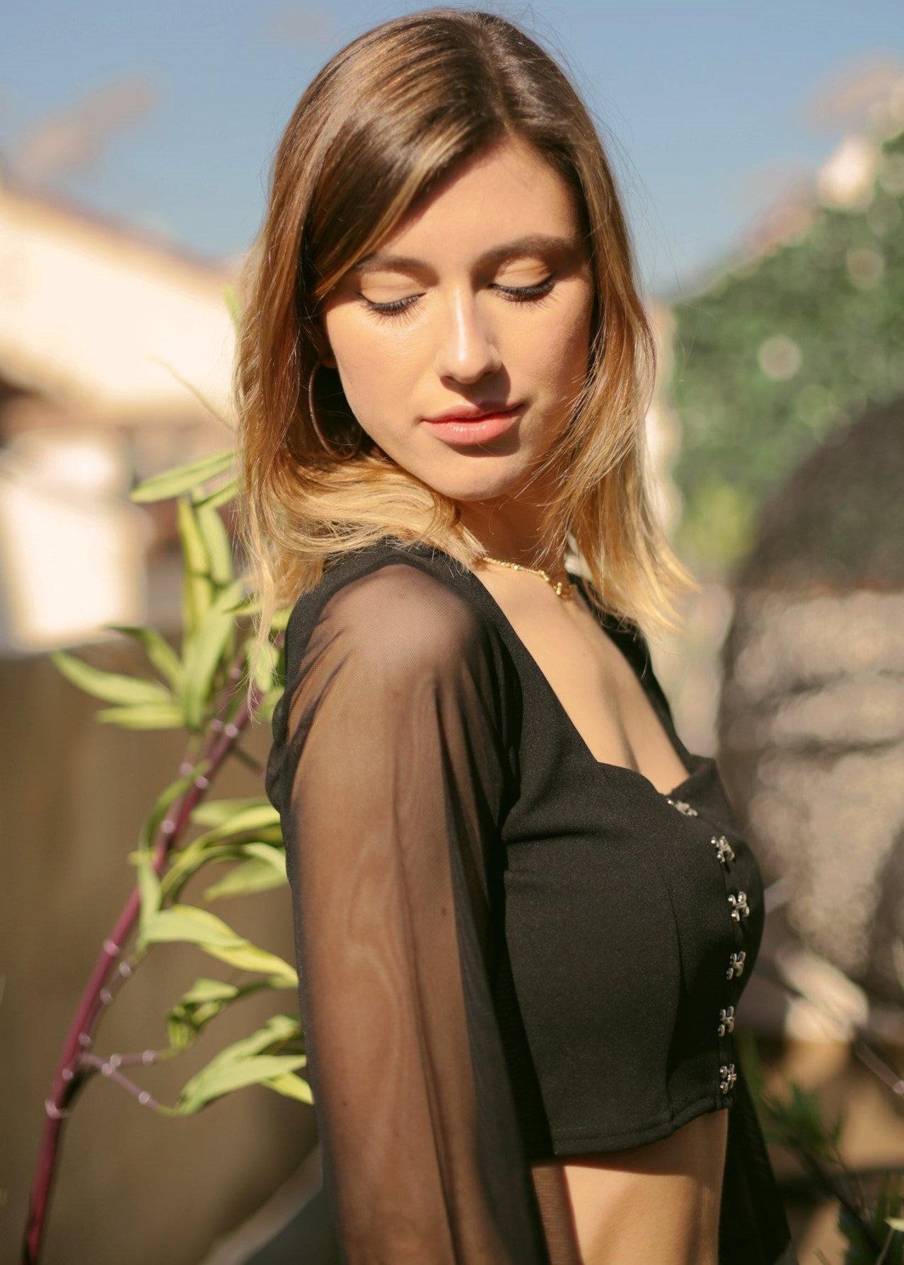 Black Sheer Mesh Long Sleeve Hook and Eye Crop Top view 4