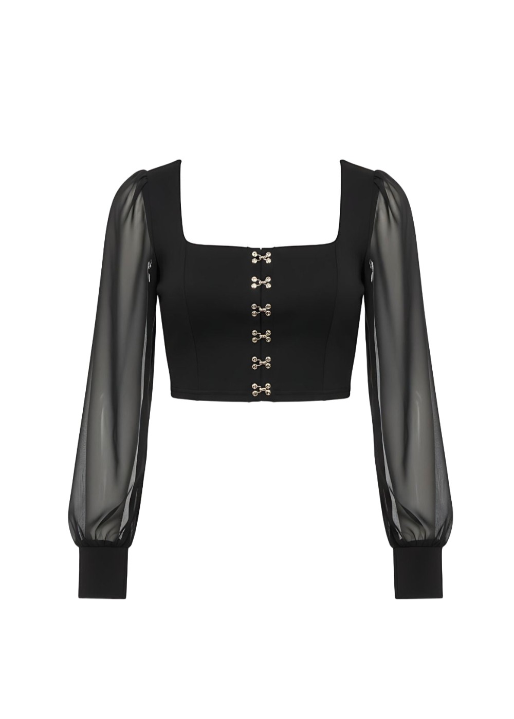 Black Sheer Mesh Long Sleeve Hook and Eye Crop Top