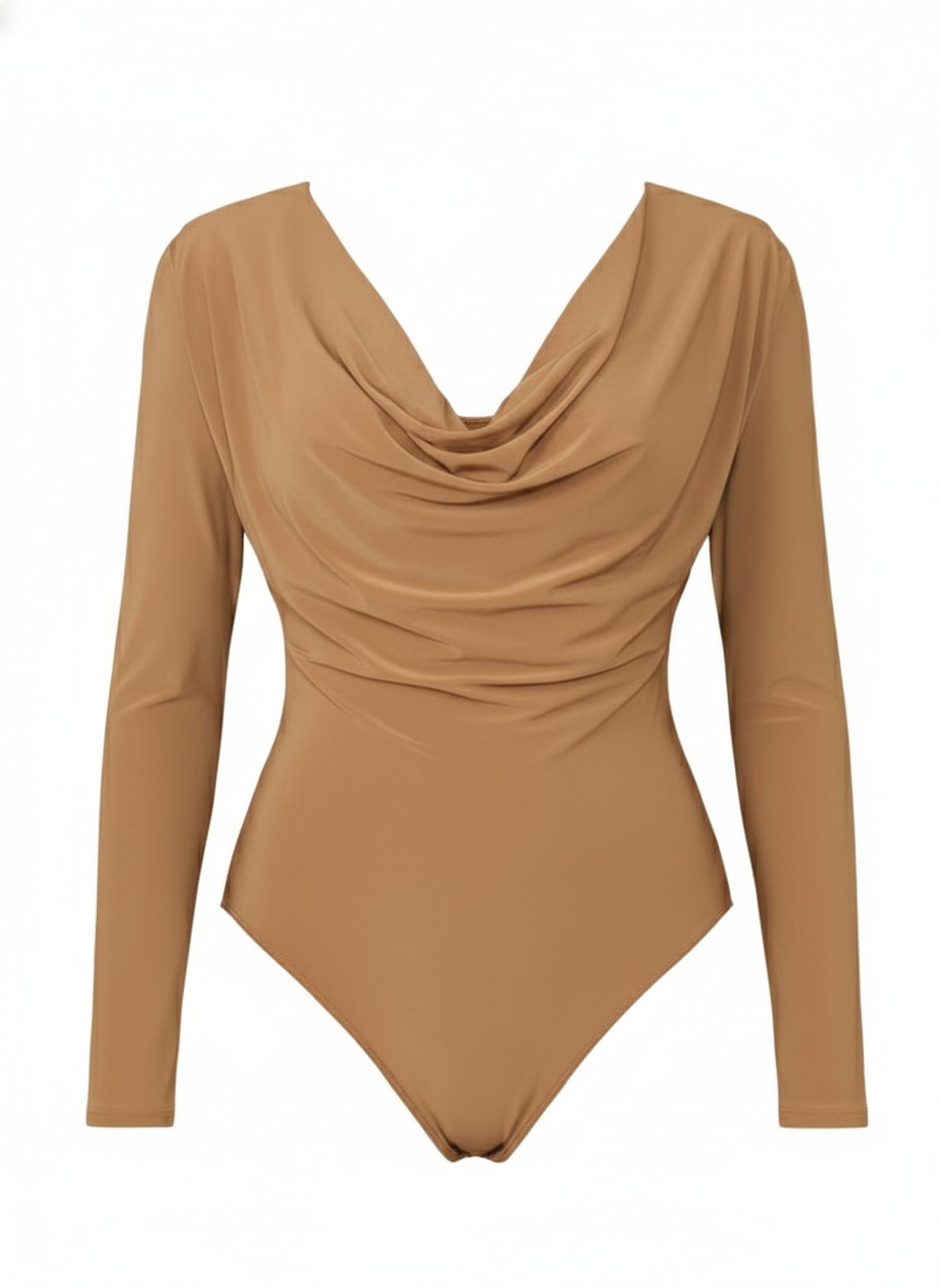 Draped Cowl Neck Slim Fit Long Sleeve Bodysuit view 4