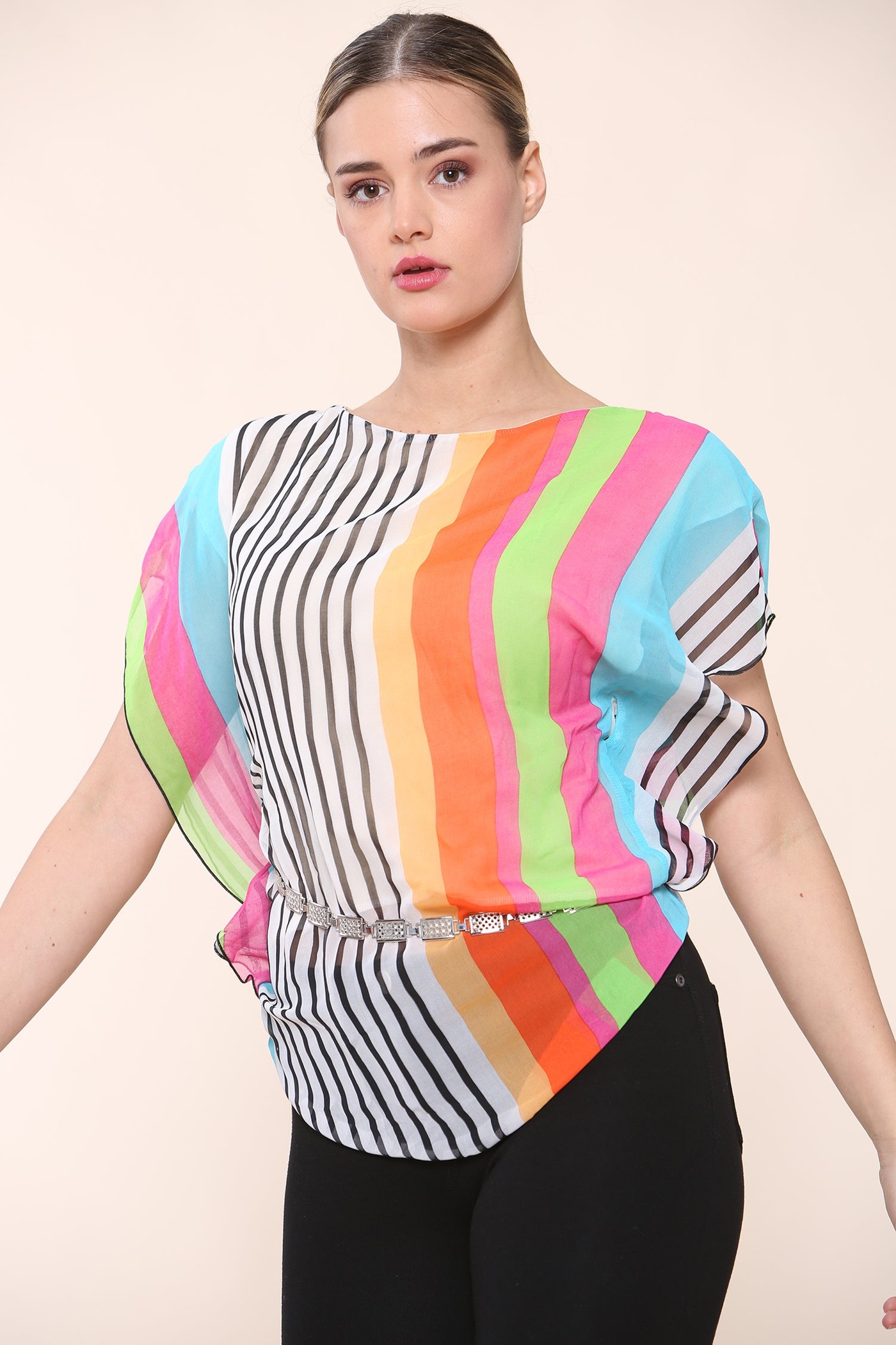 Multicolour Comfortable Chiffon Belted Top view 4