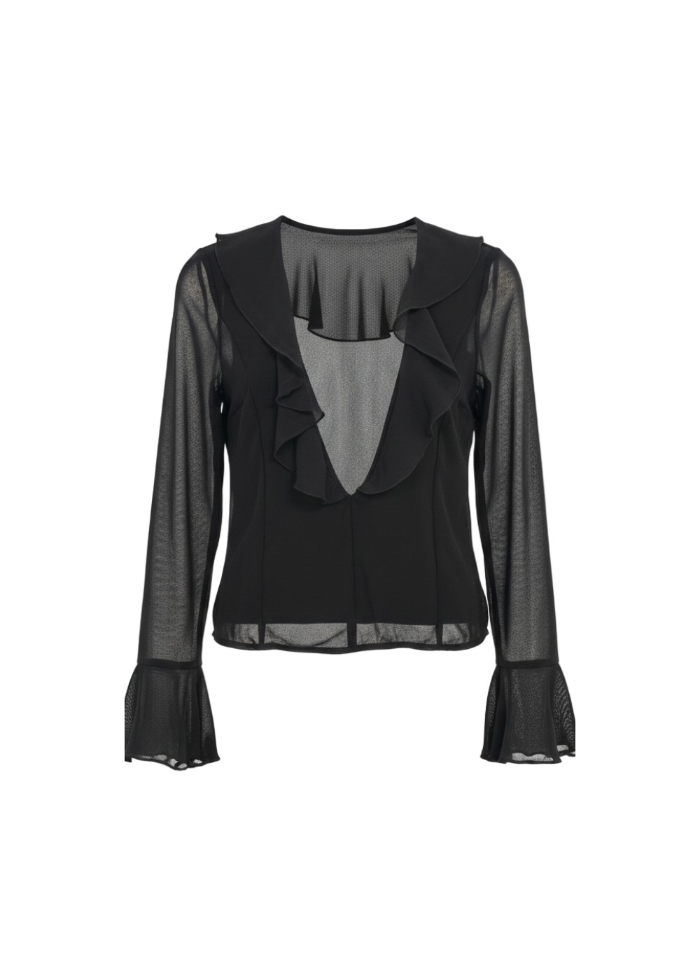 Black Ruffle Deep V Long Sleeve Chiffon Blouse