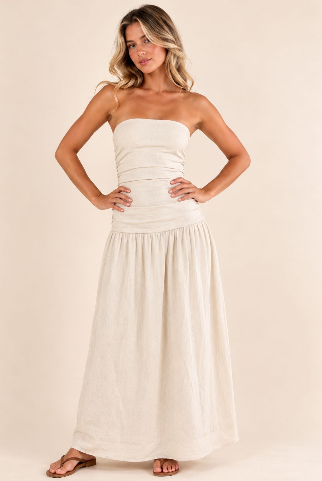Natural Strapless Ruched Waist Maxi Dress