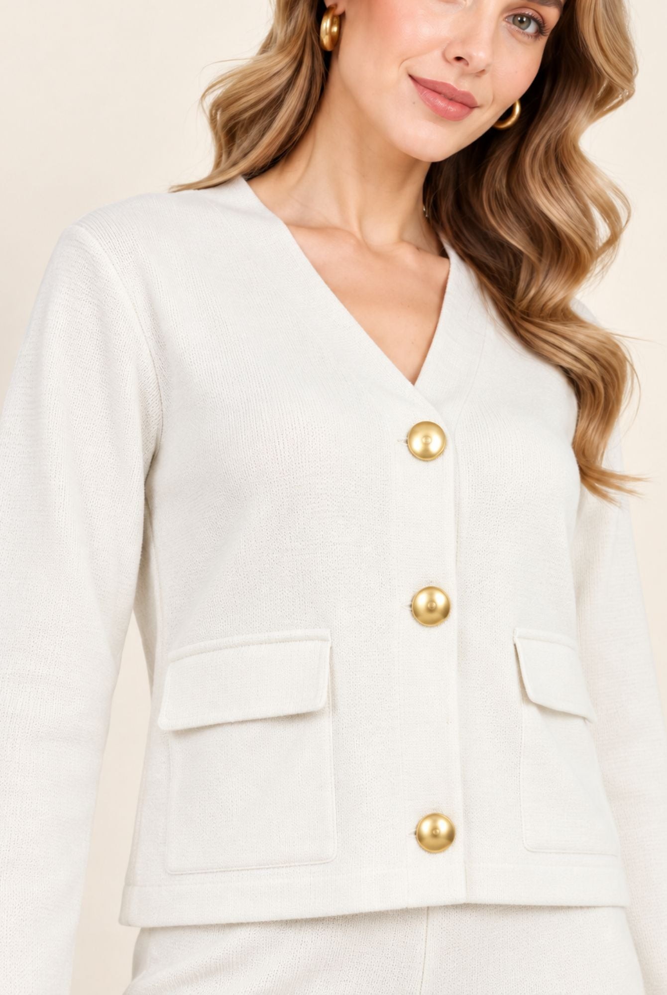 Ivory Knitted Blazer Style Top & Wide Leg Trousers Co-Ord Set view 3
