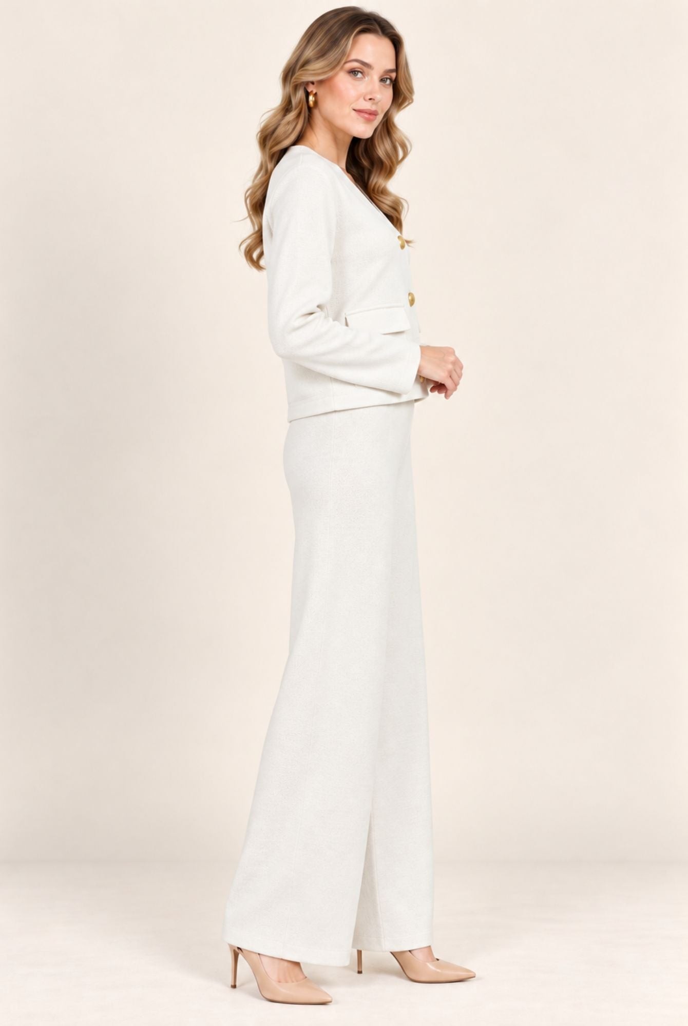 Ivory Knitted Blazer Style Top & Wide Leg Trousers Co-Ord Set view 4