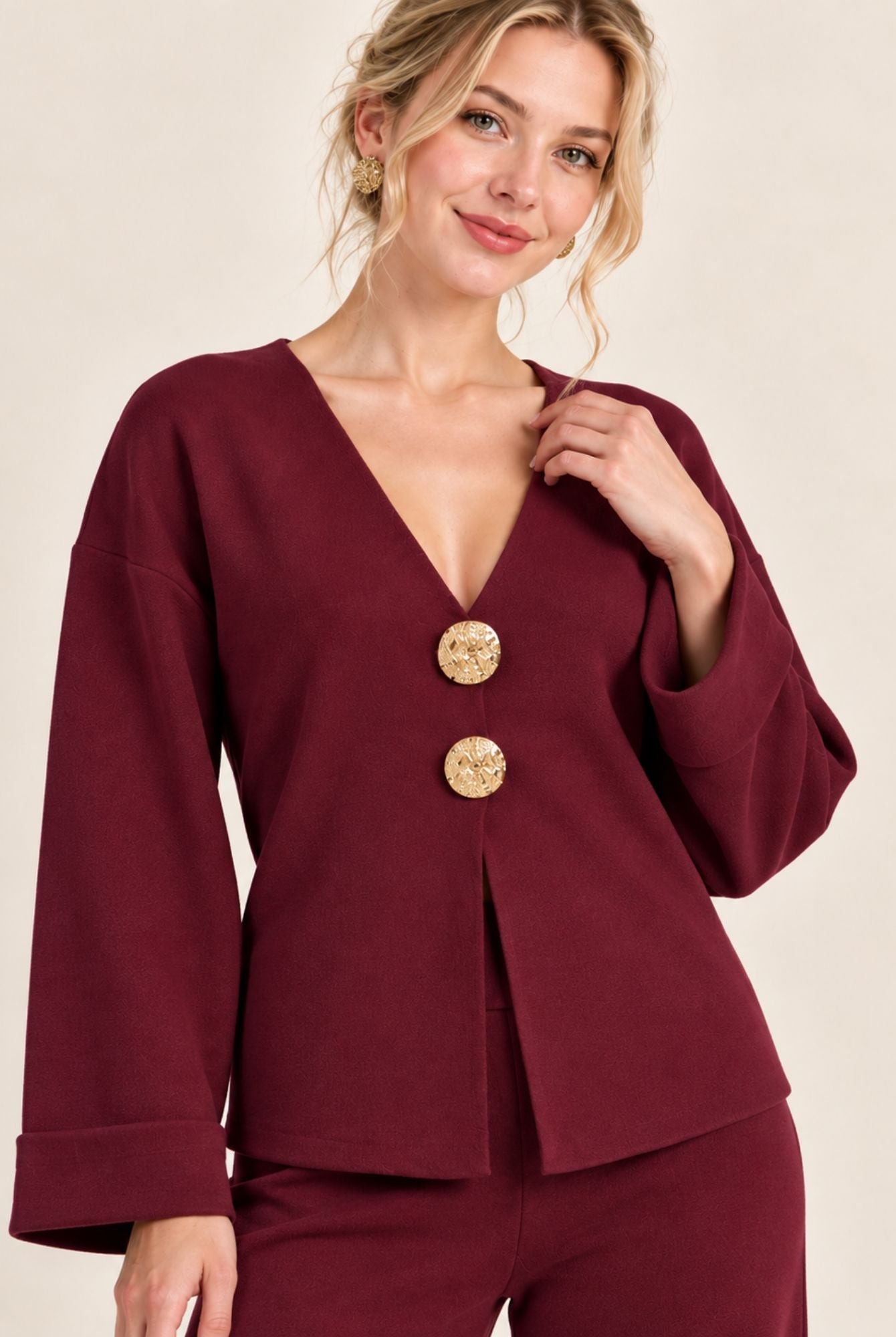 Burgundy Knitted V-Neck Button Front Cardigan Wide Leg Trousers Set view 3
