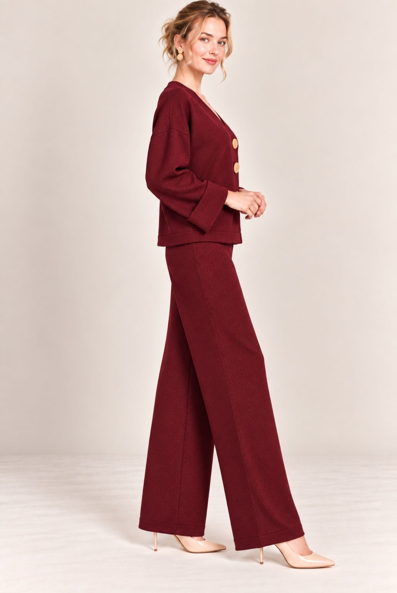 Burgundy Knitted V-Neck Button Front Cardigan Wide Leg Trousers Set view 4