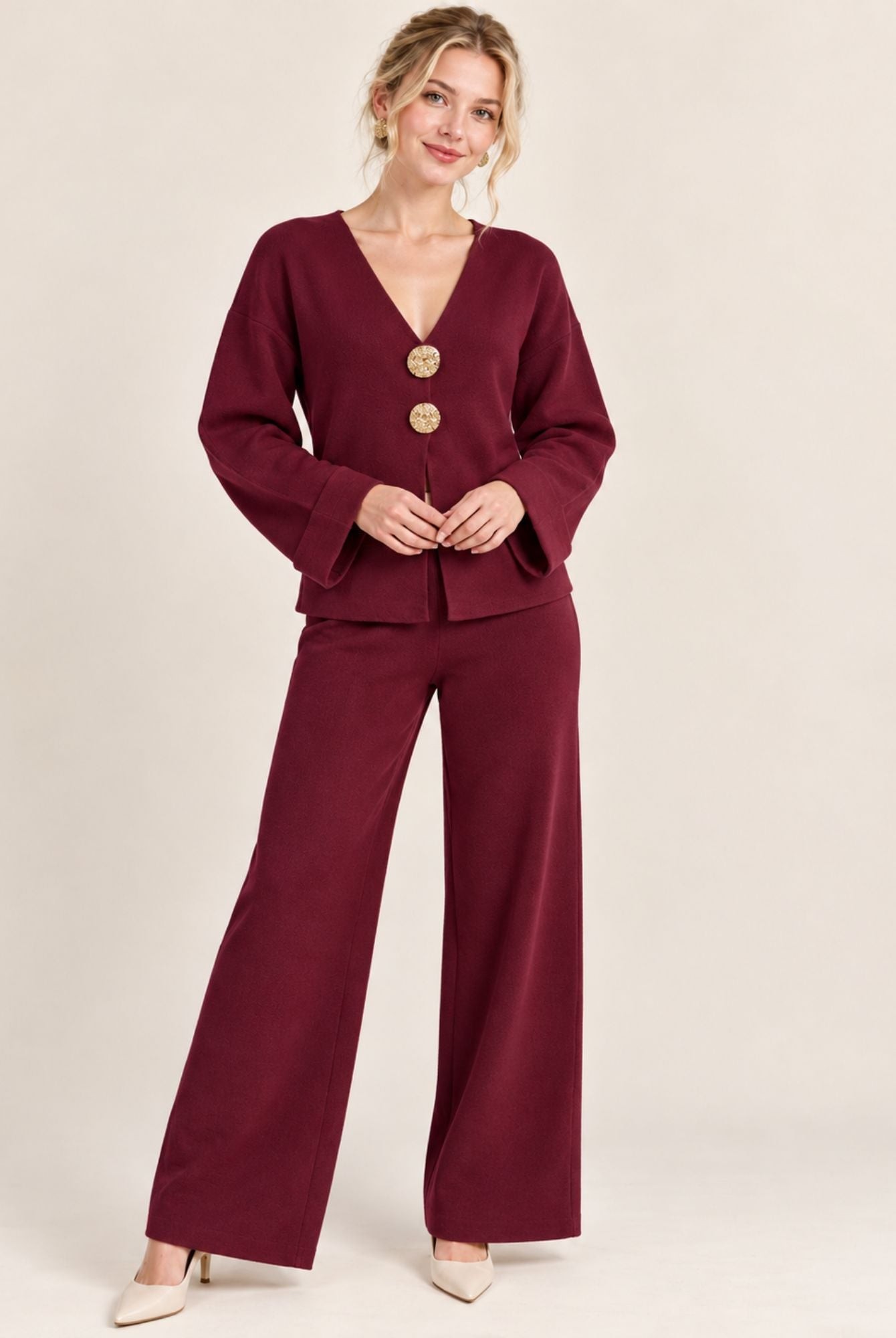 Burgundy Knitted V-Neck Button Front Cardigan Wide Leg Trousers Set