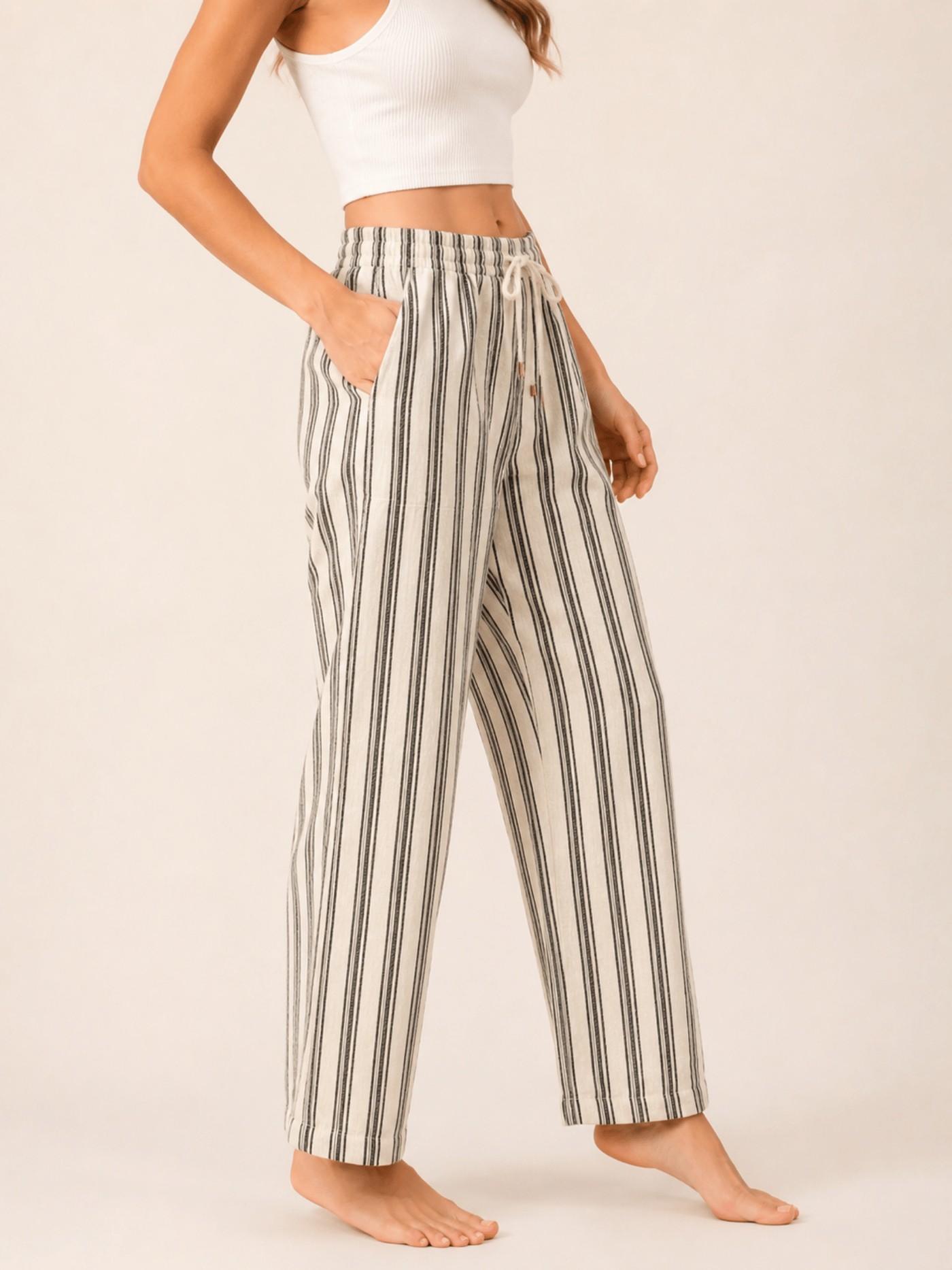Black Striped Linen Blend Elastic Tie Waist Trousers view 3