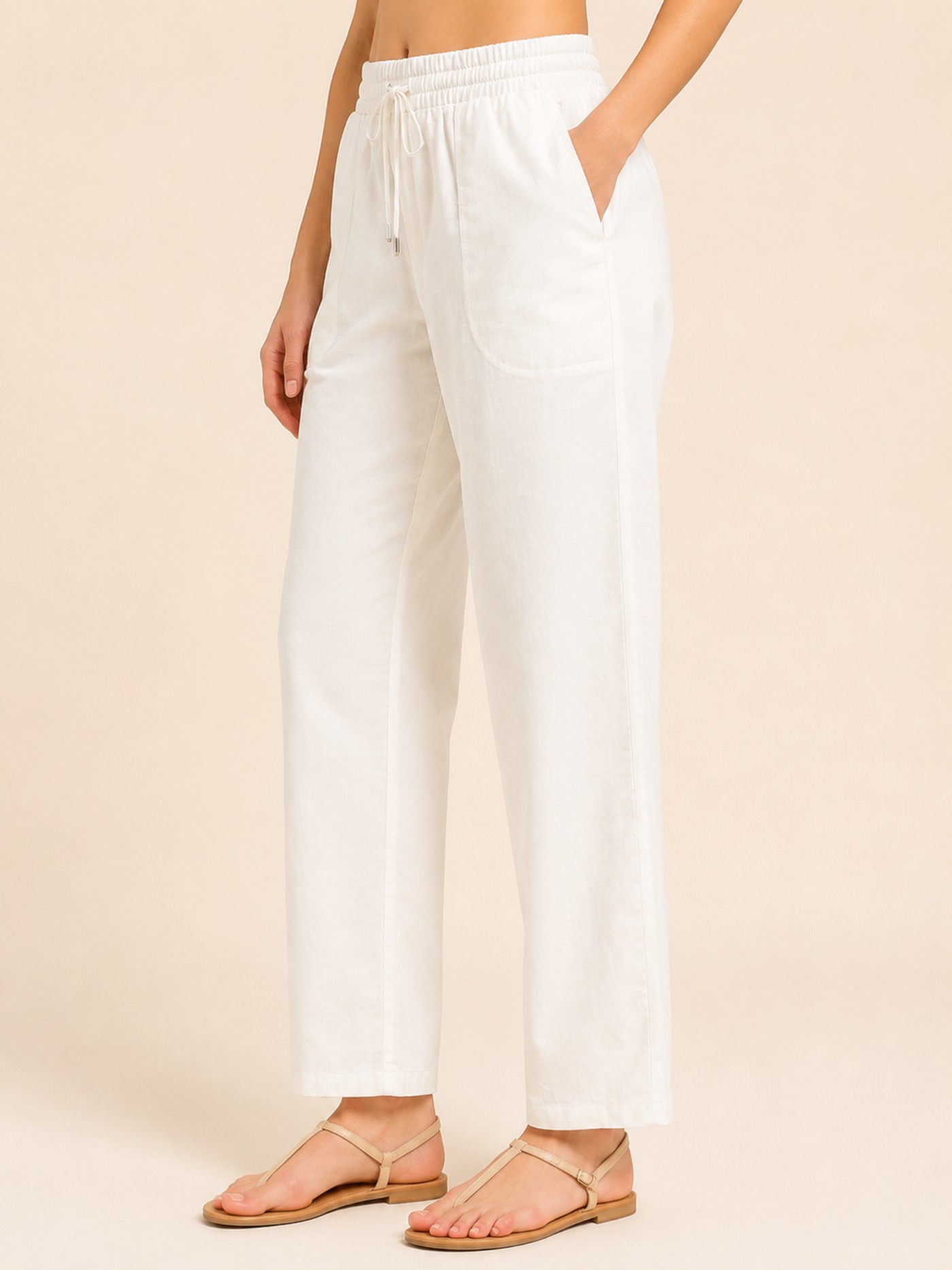 Natural Linen Blend Elastic Tie Waist Trousers view 3