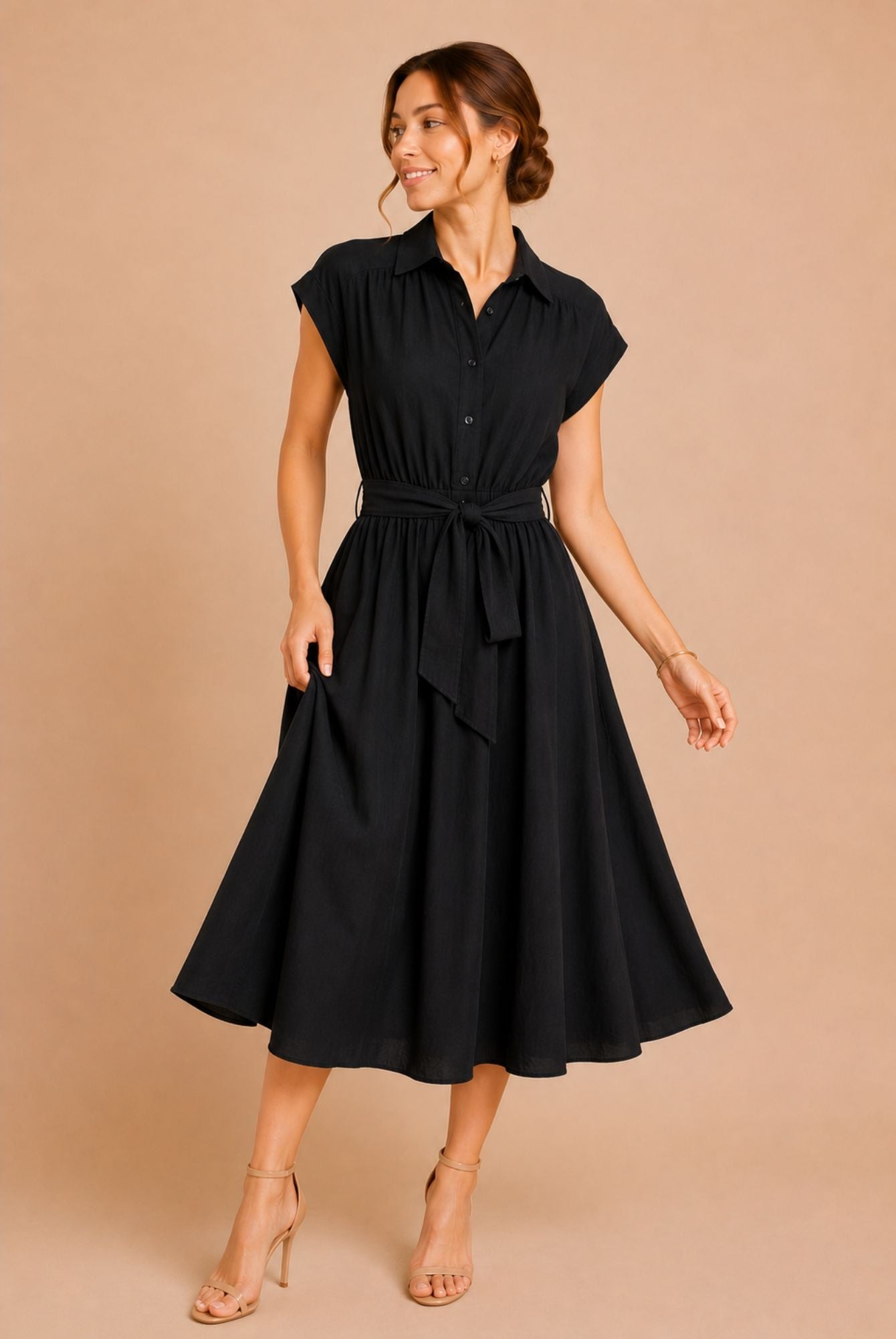 Black Button Front Tie Waist Midi Shirt Dress view 3