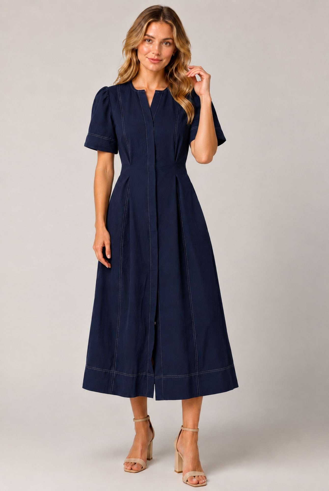 Navy Blue Contrast Stitch Gathered Sleeve Midi Dress view 3