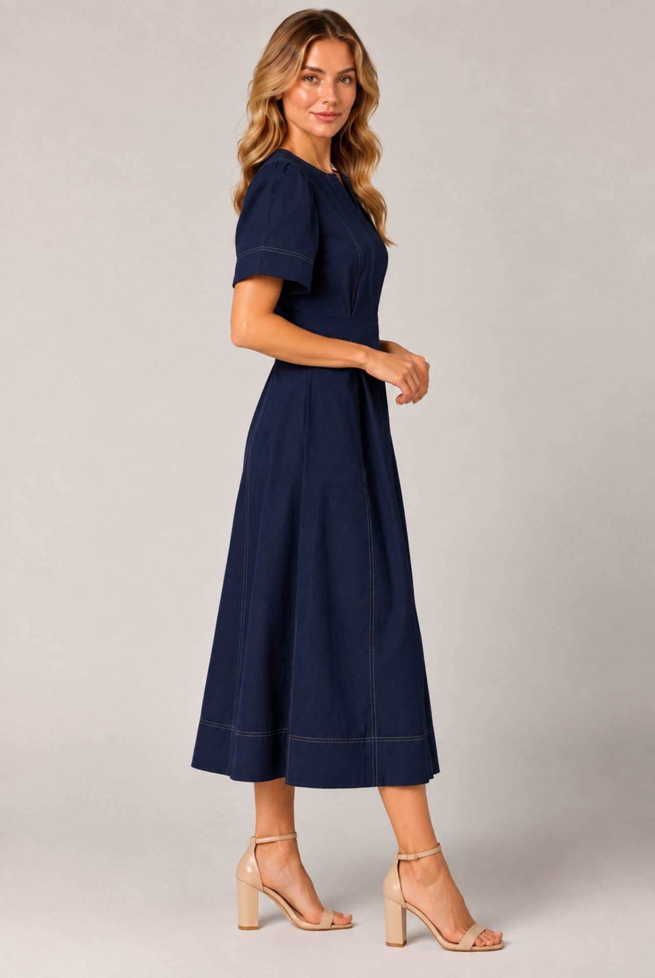 Navy Blue Contrast Stitch Gathered Sleeve Midi Dress view 4