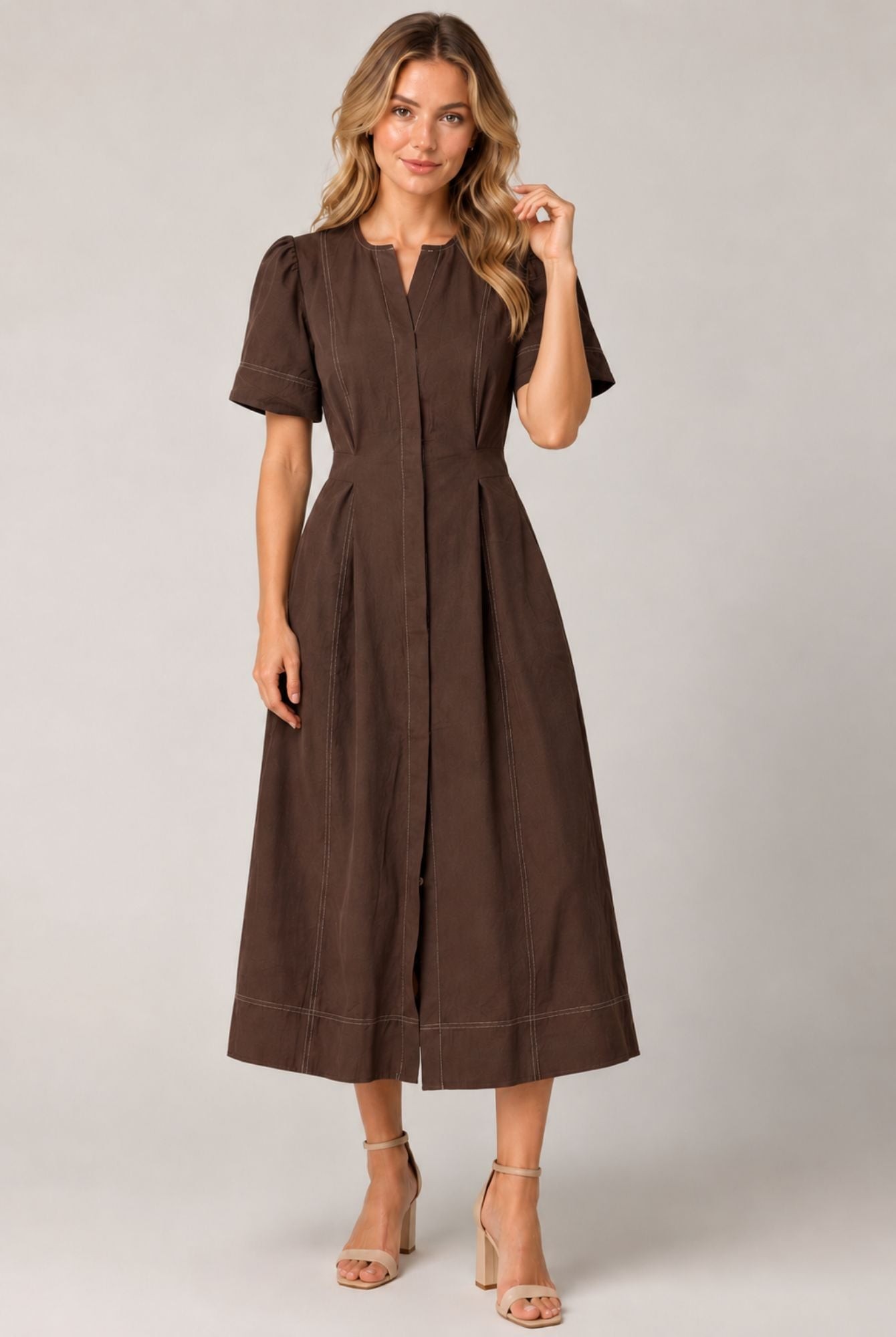 Women's Chocolate Brown Contrast Stitch Short Sleeve Midi Dress view 3