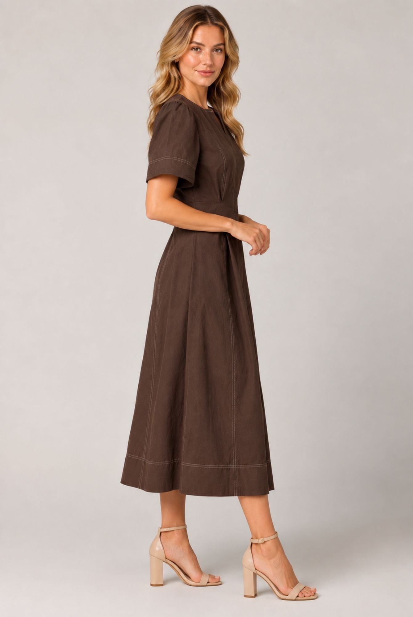 Women's Chocolate Brown Contrast Stitch Short Sleeve Midi Dress view 4