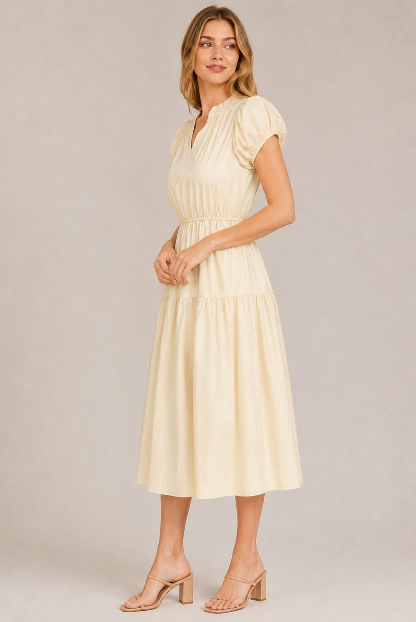 Cream Puff Sleeve Ruffle Neck Tiered Midi Dress view 3