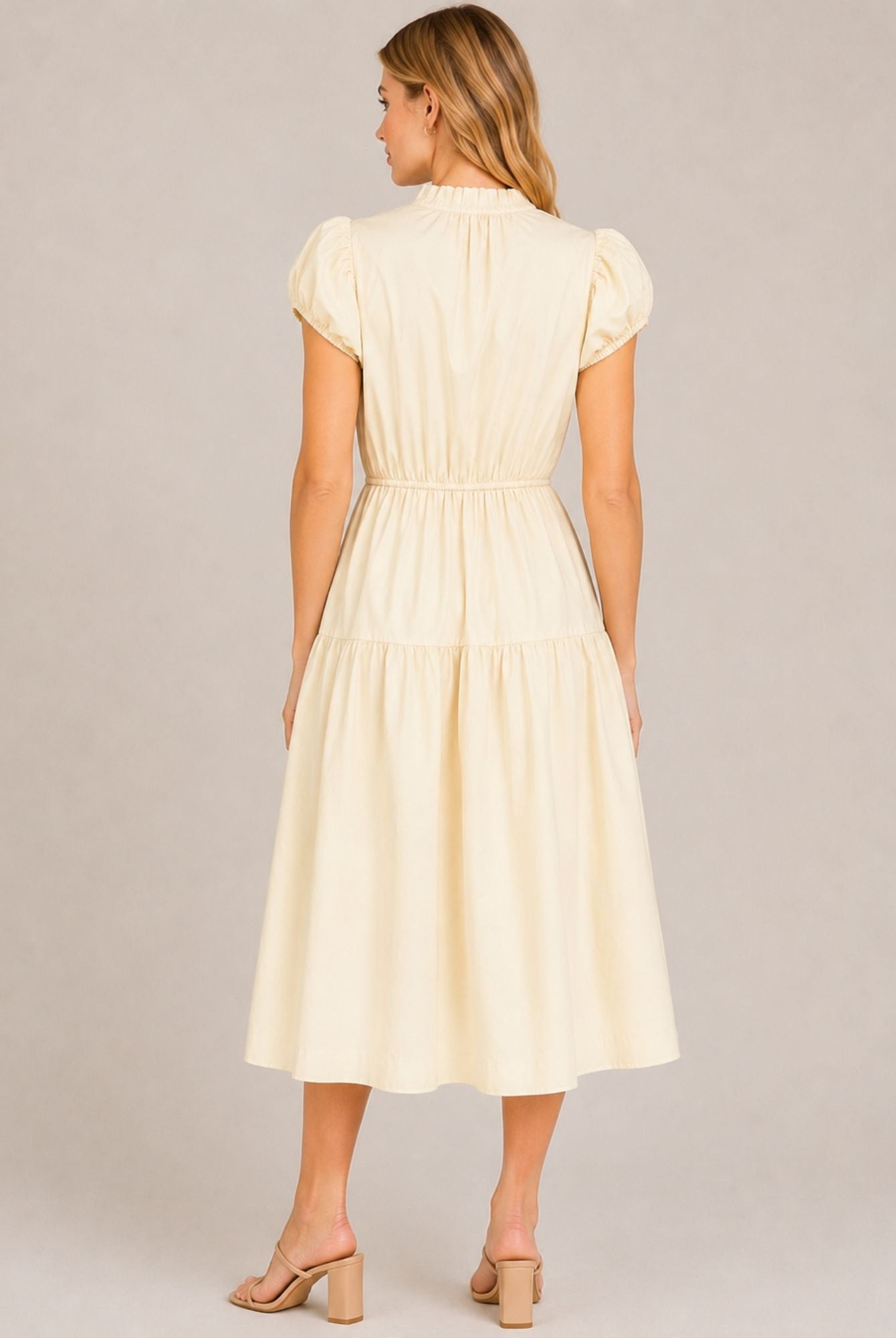 Cream Puff Sleeve Ruffle Neck Tiered Midi Dress view 4