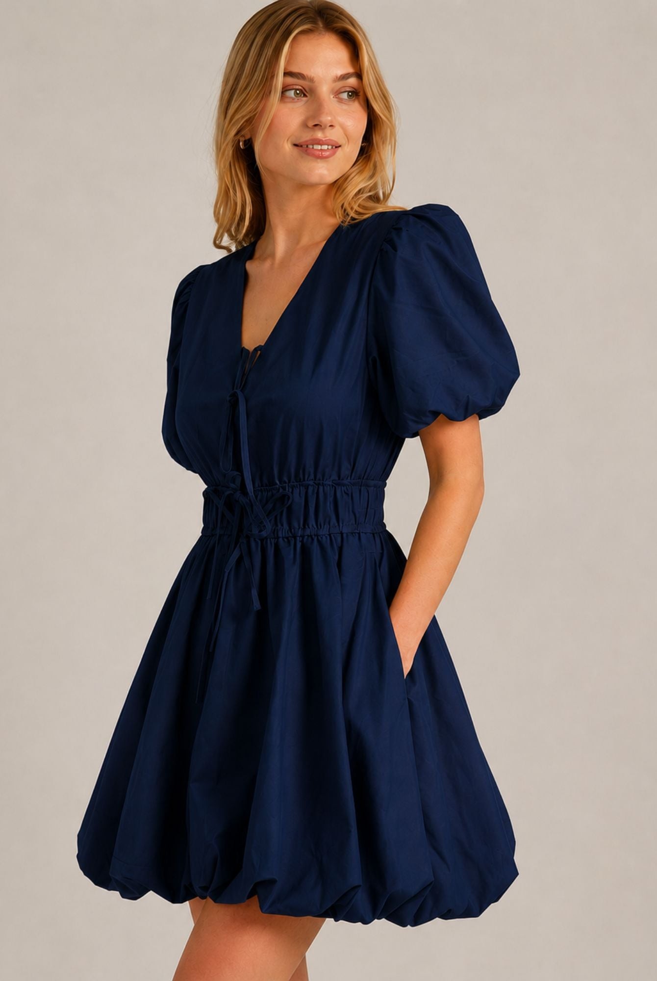 Navy Blue Puff Sleeve Tie Front Ruched Waist Mini Dress view 3