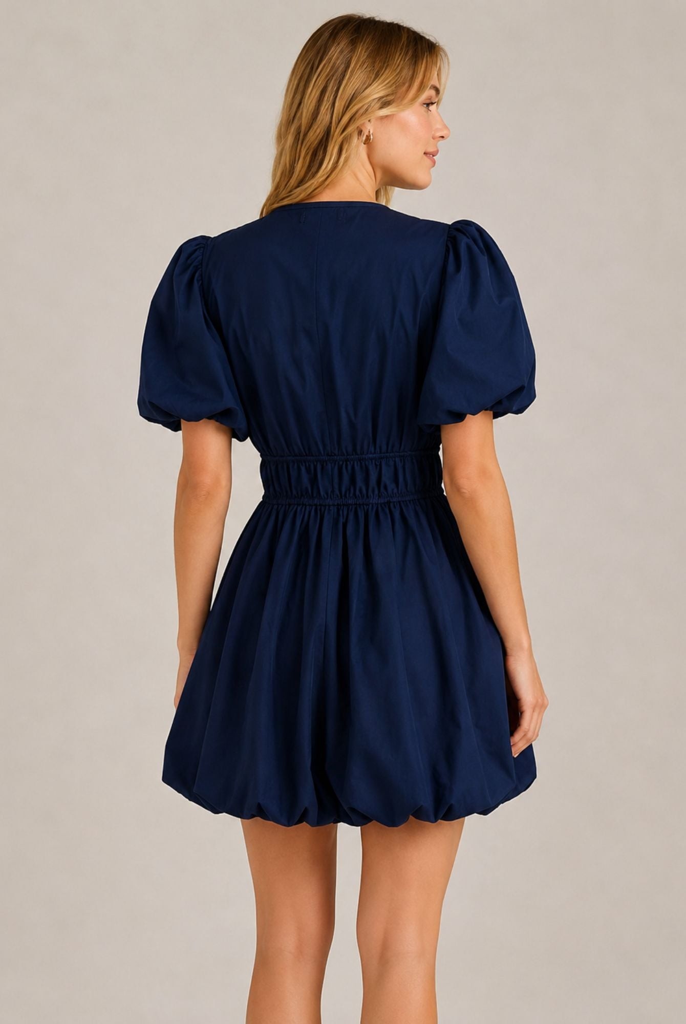 Navy Blue Puff Sleeve Tie Front Ruched Waist Mini Dress view 4