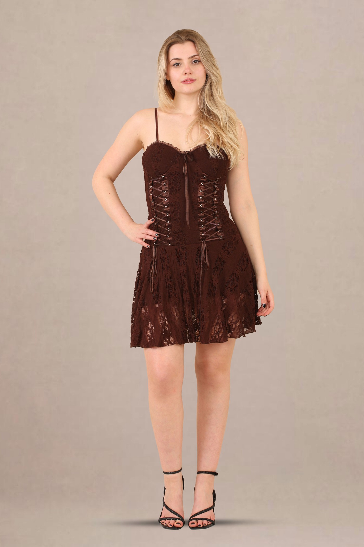 Avinci Chocolate Lace Corset Detail Mini Dress view 4