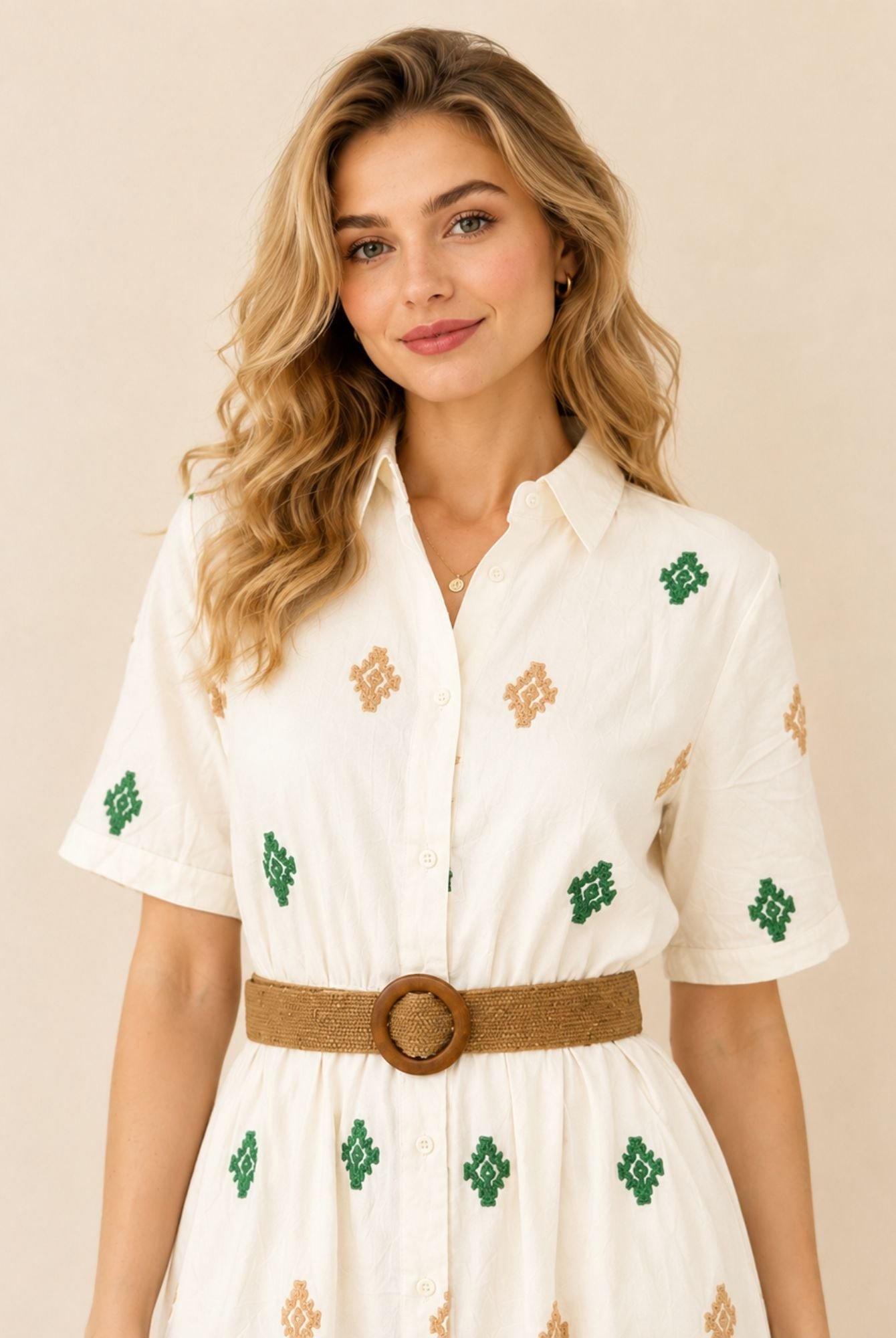 Women's White Embroidered Shirt Maxi Dress – Green & Beige Embroidery view 3