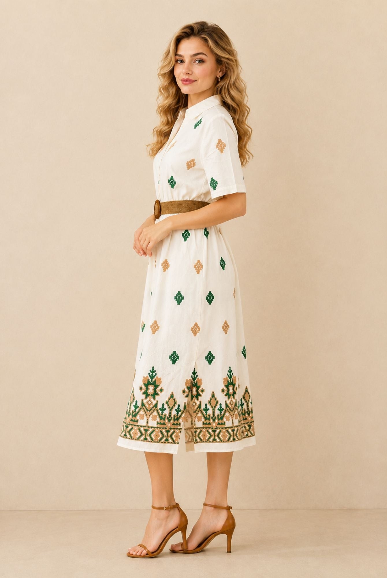 Women's White Embroidered Shirt Maxi Dress – Green & Beige Embroidery view 4