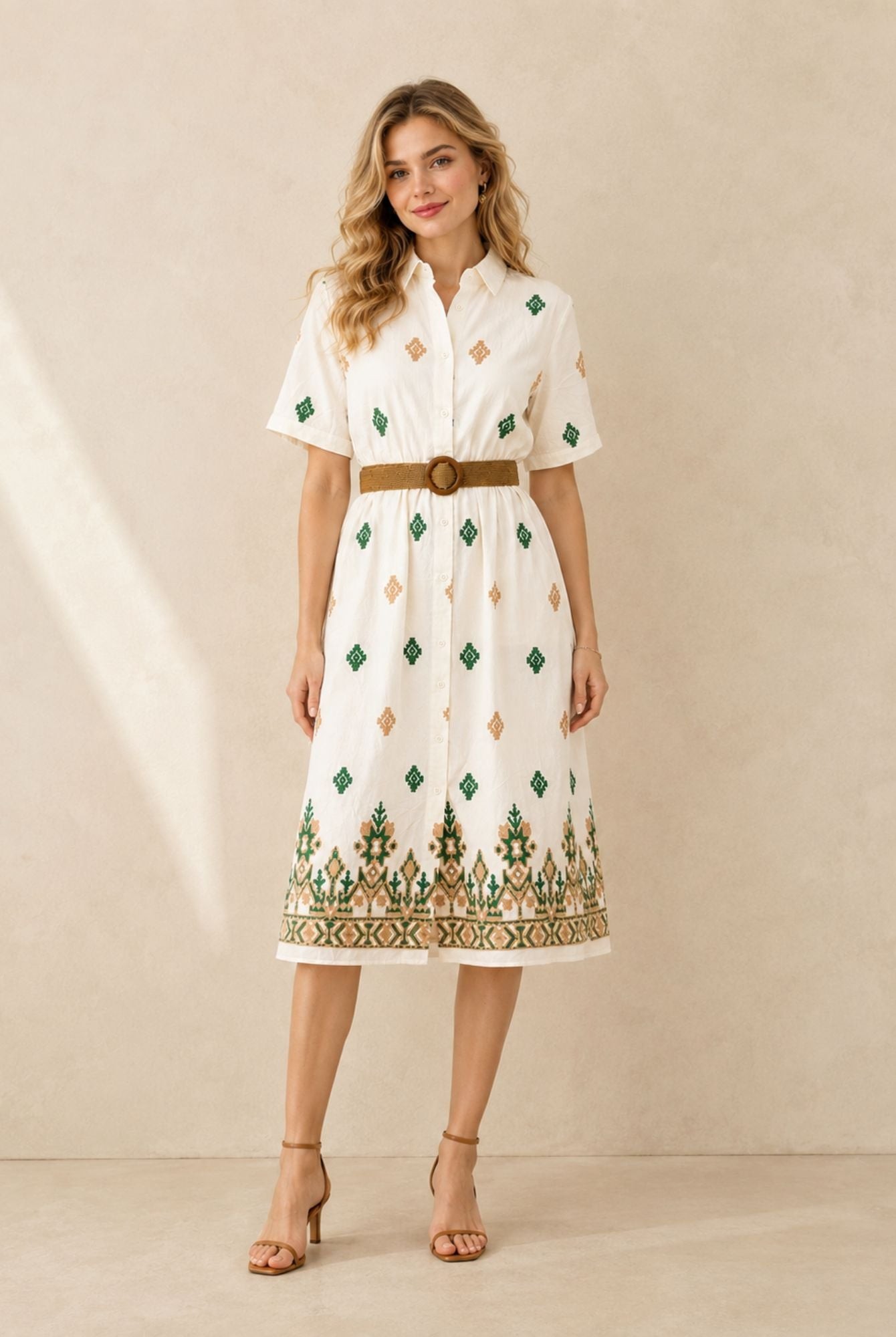 Women's White Embroidered Shirt Maxi Dress – Green & Beige Embroidery