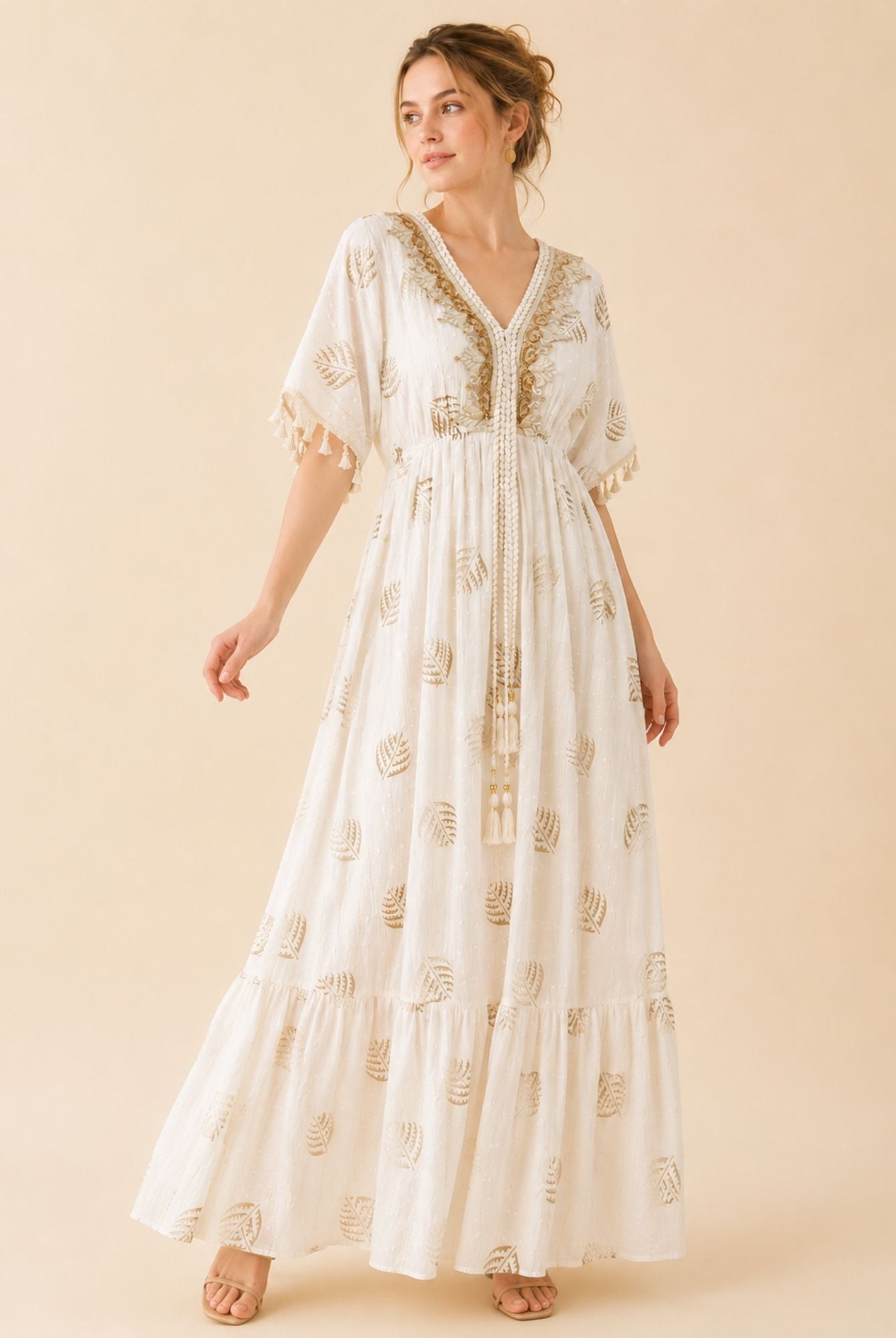 Women's White Tassel Kaftan Maxi Dress – Beige Print & Gold Embroidery view 4