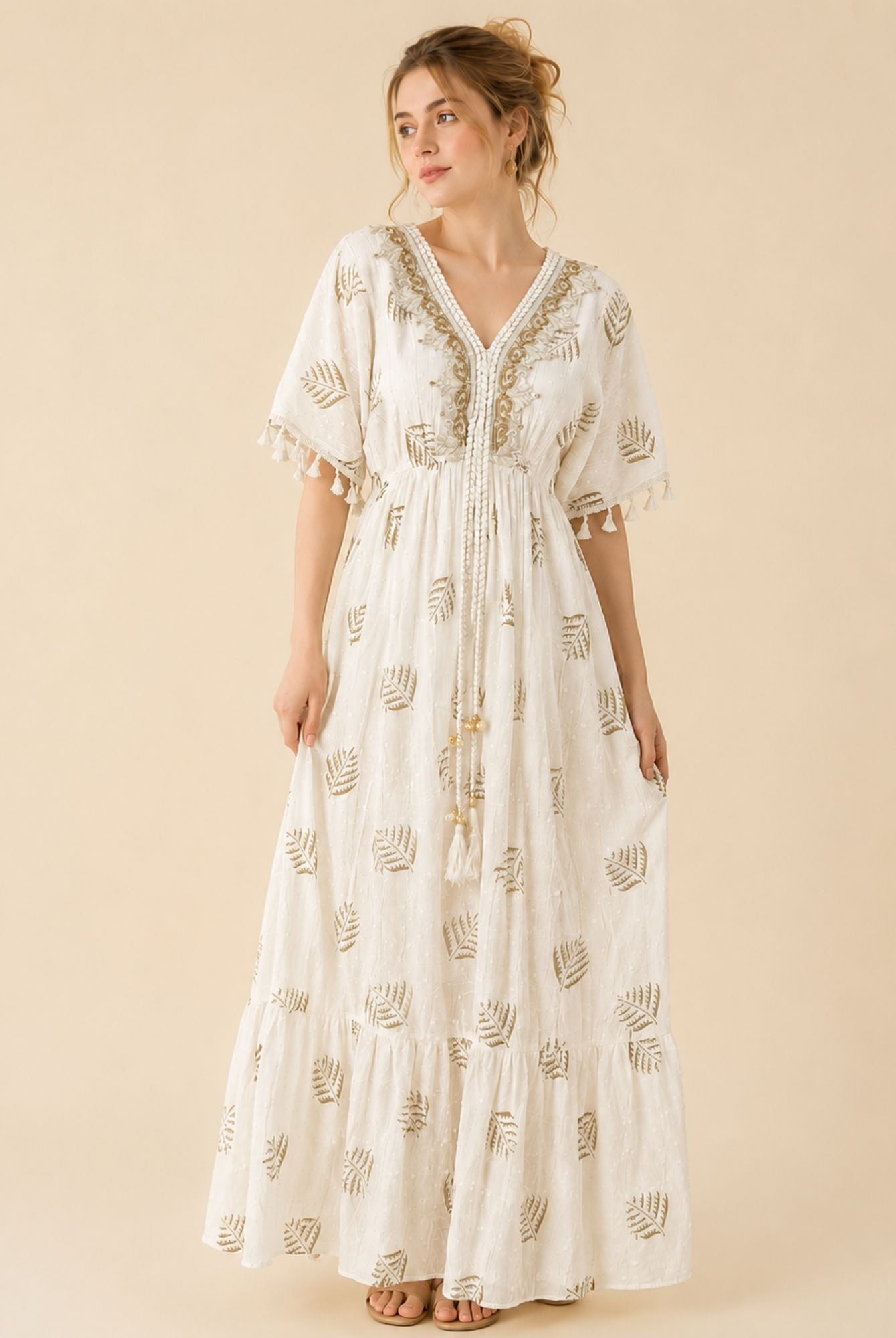 Women's White Tassel Kaftan Maxi Dress – Beige Print & Gold Embroidery
